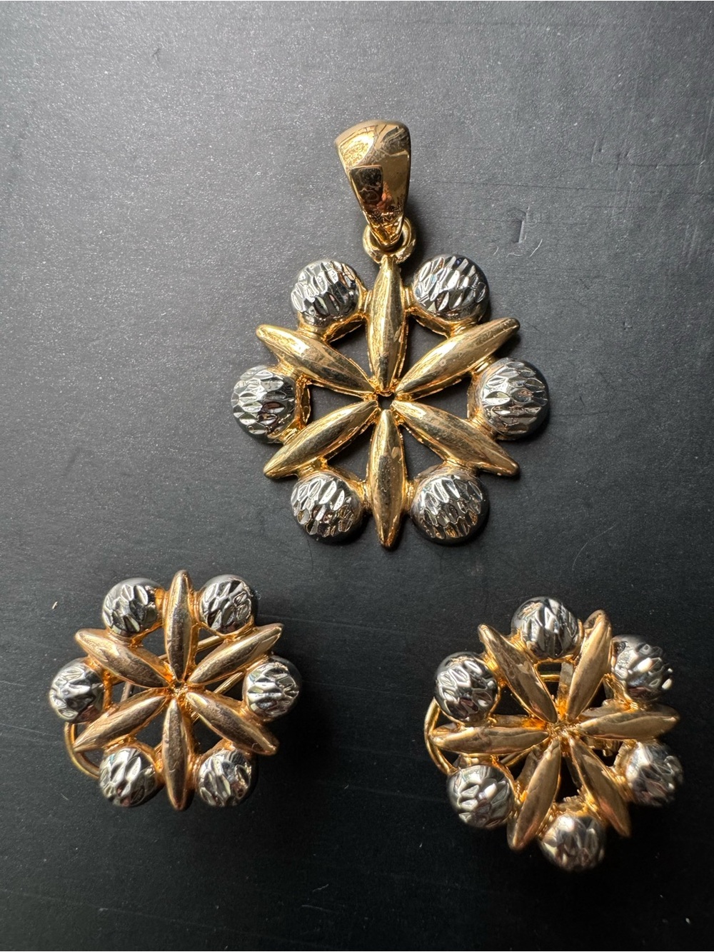Gold & Silver Starburst Pendant and Earring Set - Two-Tone Floral Design
